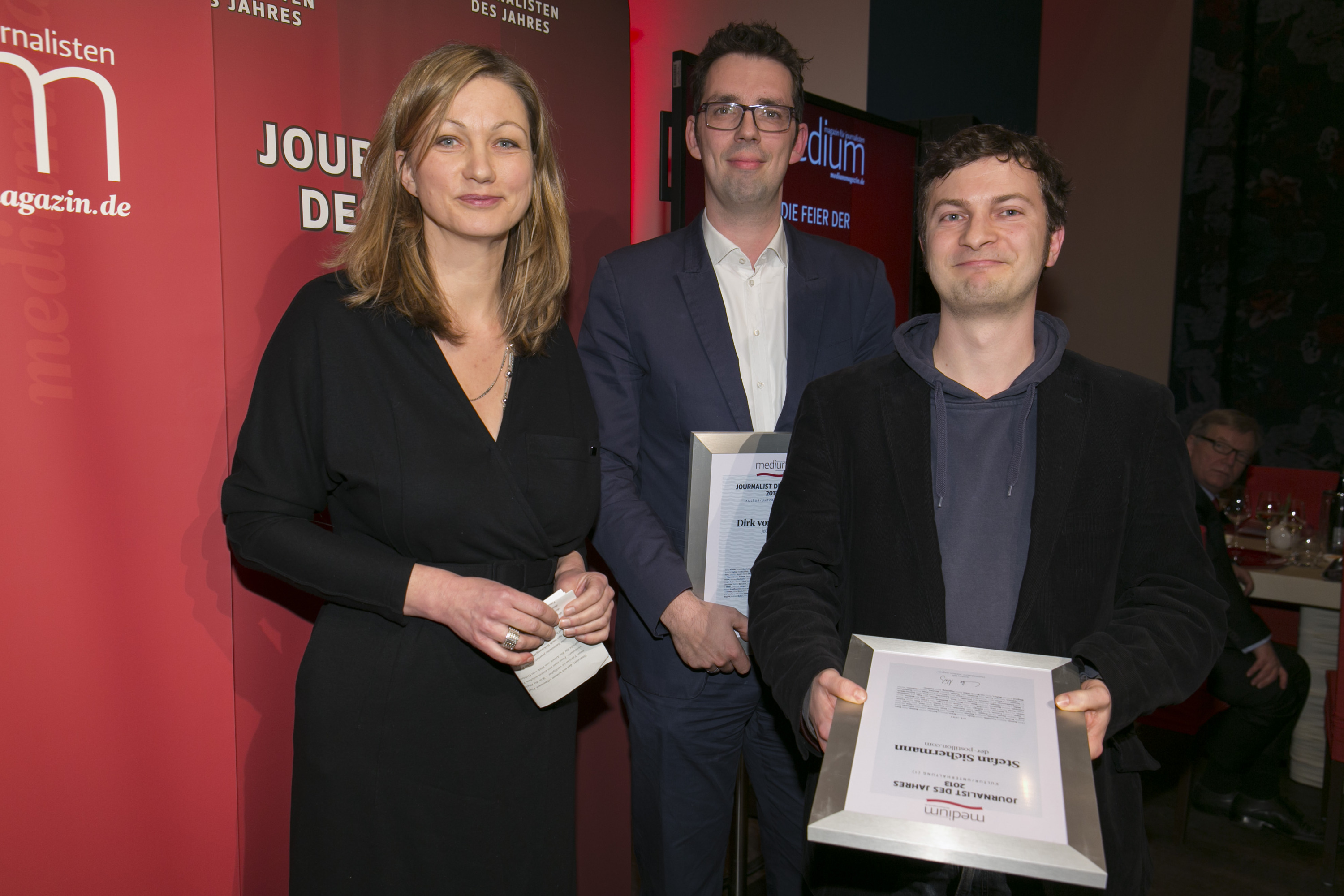 DEU, Berlin, 03.02.2014, medium magazin, Feier und Preisverleihung an die "Journalisten des Jahres 2013", Cafe im Zeughaus im Deutschen Historischen Museum, v.l.: Silke Burmester (Laudatorin), Dirk von Gehlen (jetzt.de, Kultur/Unterhaltung 2.), Stefan Sichermann (Der Postillon, Kultur/Unterhaltung 1.), 

[ (c) Wolfgang Borrs, Wiener Str. 11, D-10999 B e r l i n, Mobile +49.171.5332491, www.borrs.de, mail@borrs.de; ]