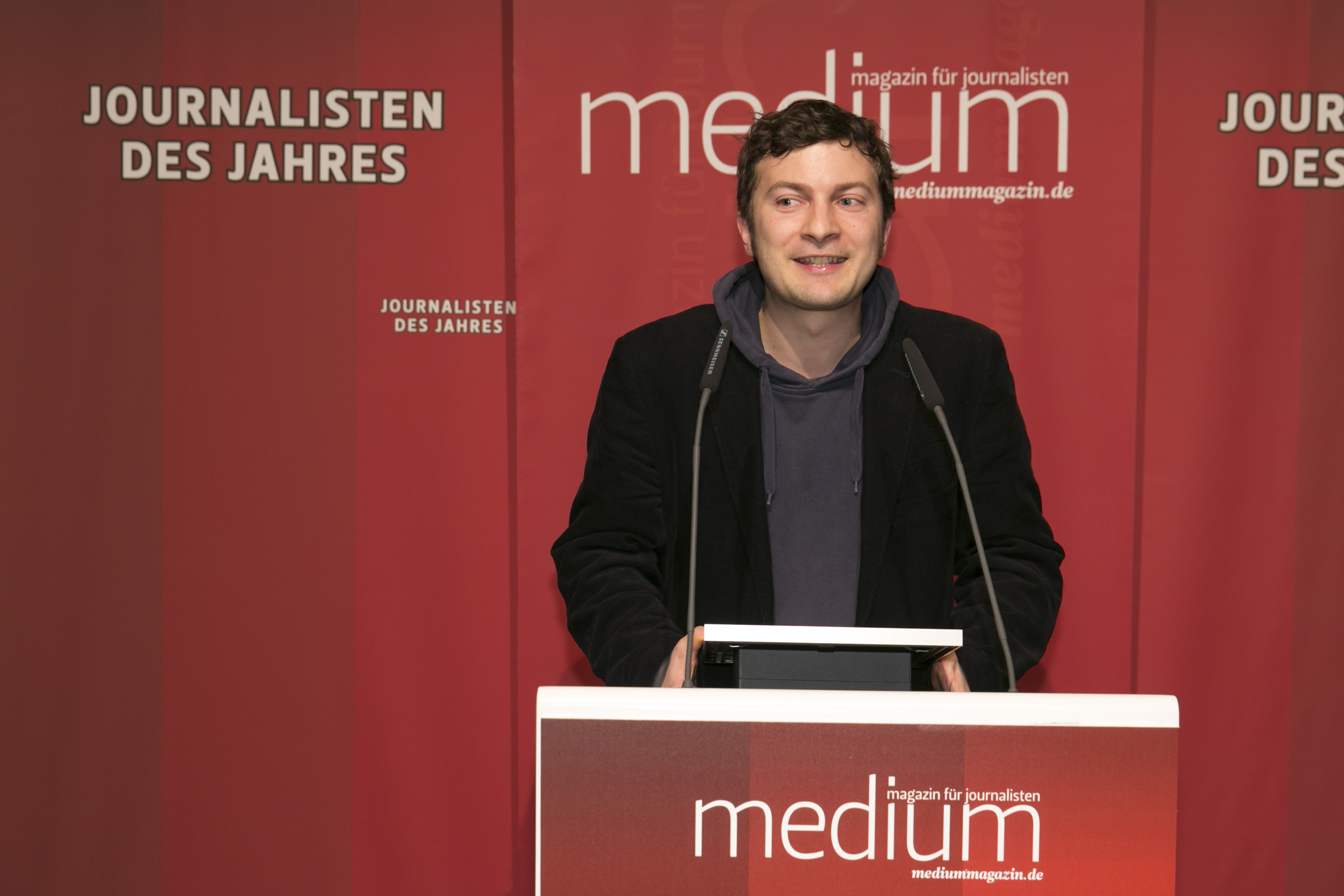 DEU, Berlin, 03.02.2014, medium magazin, Feier und Preisverleihung an die "Journalisten des Jahres 2013", Cafe im Zeughaus im Deutschen Historischen Museum, Stefan Sichermann (Der Postillon, Kultur/Unterhaltung 1.), 

[ (c) Wolfgang Borrs, Wiener Str. 11, D-10999 B e r l i n, Mobile +49.171.5332491, www.borrs.de, mail@borrs.de; ]