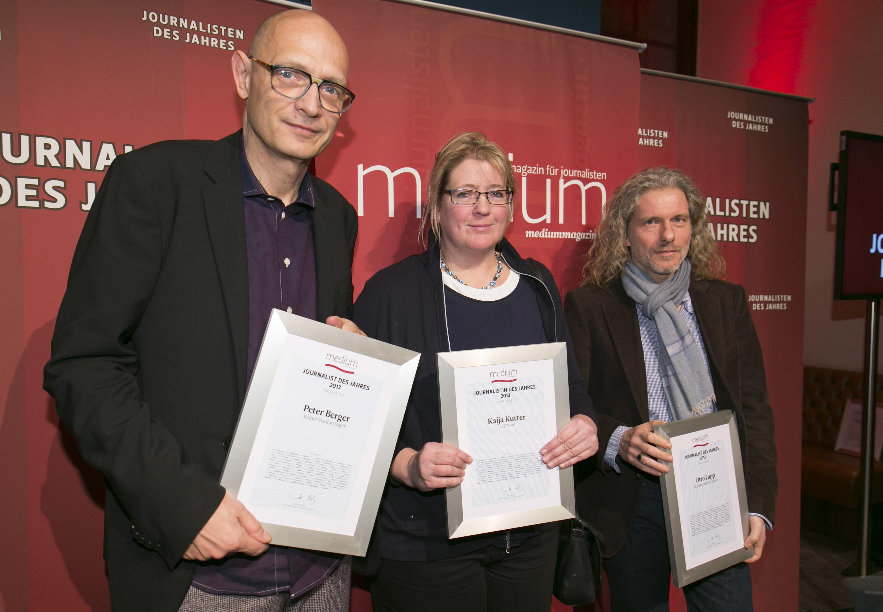 DEU, Berlin, 03.02.2014, medium magazin, Feier und Preisverleihung an die "Journalisten des Jahres 2013", Cafe im Zeughaus im Deutschen Historischen Museum, v.l.: Peter Berger (Koelner Stadtanzeiger, Reporter Regional 2.), Kaija Kutter (taz nord, Reporter Regional 1.), Otto Lapp (Nordbayerischer Kurier, Reporter Regional 3.),

[ (c) Wolfgang Borrs, Wiener Str. 11, D-10999 B e r l i n, Mobile +49.171.5332491, www.borrs.de, mail@borrs.de; ]