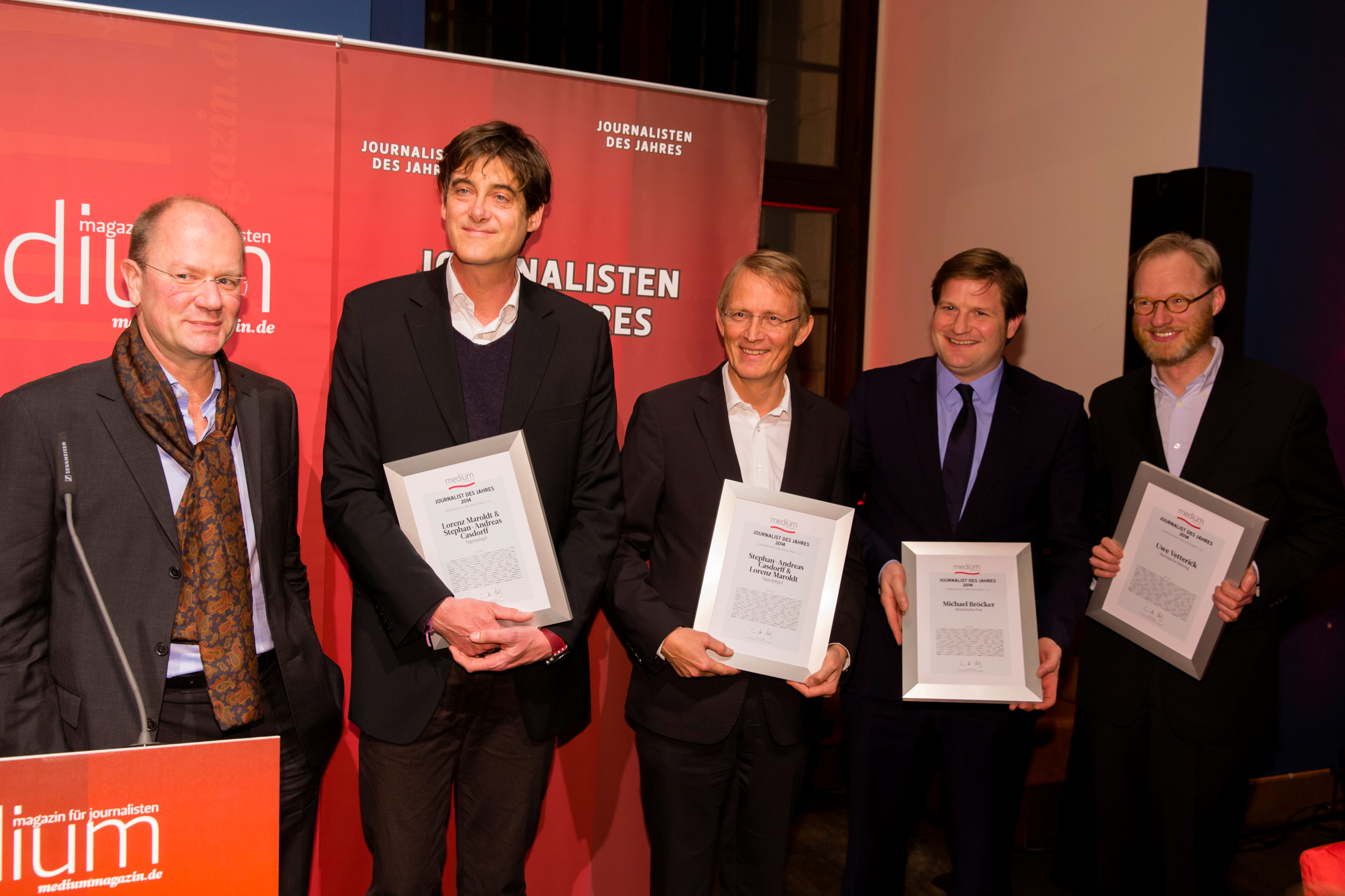 DEU, Berlin, 23.02.2015, medium magazin, Feier und Preisverleihung an die "Journalisten des Jahres 2014", Cafe im Zeughaus im Deutschen Historischen Museum, v.l.: J. Widmann (Laudator), Lorenz Maroldt (Tagesspiegel, Chefredaktion Regional 1.), Stephan-Andreas Casdorff (Tagesspiegel, Chefredaktion Regional 1.), Michael Broecker (Rheinische Post, Chefredaktion Regional 2.), Uwe Vetterick (Saechsische Zeitung, Chefredaktion Regional 3.), [ (c) Wolfgang Borrs, Wiener Str. 11, D-10999 B e r l i n, Mobile +49.171.5332491, www.borrs.de, mail@borrs.de; ]