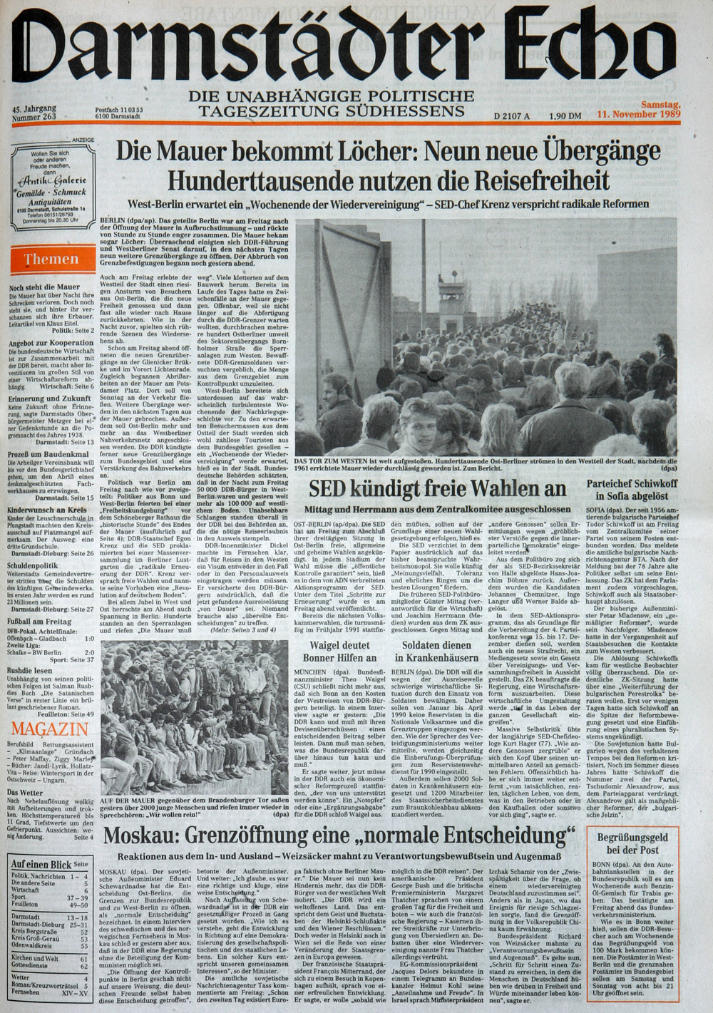 Titelseite des Darmstädter Echos vom 11. November 1989 - Die Maueröffnung
