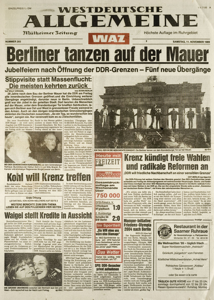 Die Seite Eins der Westdeutschen Allgemeinen Zeitung (WAZ) aus Essen vom 11.November 1989 mit dem Titel: