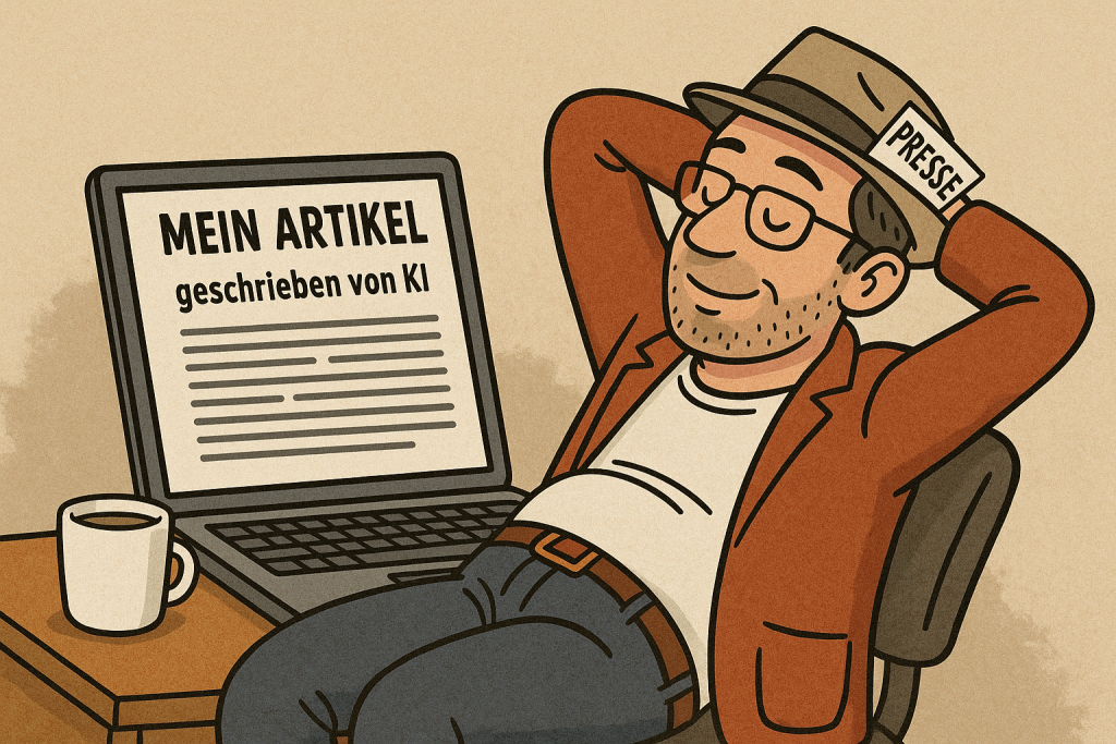 So stellt man es sich in dem ein oder anderen Verlag offenbar vor: Freie Journalisten machen es sich gemütlich, während KI die Arbeit erledigt. Illustration erstellt mit ChatGPT, Prompt: "Ein freier Journalist lässt die KI seinen Artikel schreiben."